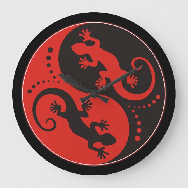 YIN & YANG Geckos black red + your background idea Large Clock (Front)