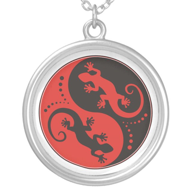 YIN & YANG Geckos black red + your background idea Silver Plated Necklace (Front)