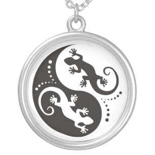 YIN & YANG Geckos black + your background & idea Silver Plated Necklace