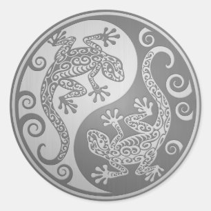 Yin Yang Geckos, Stainless Steel Effect Classic Round Sticker