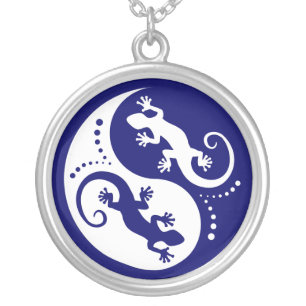 YIN & YANG Geckos white + your idea Silver Plated Necklace