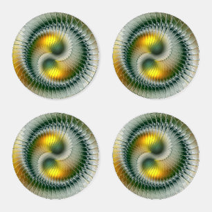 Yin Yang Green Yellow Abstract Colorful Fractal Coaster Set