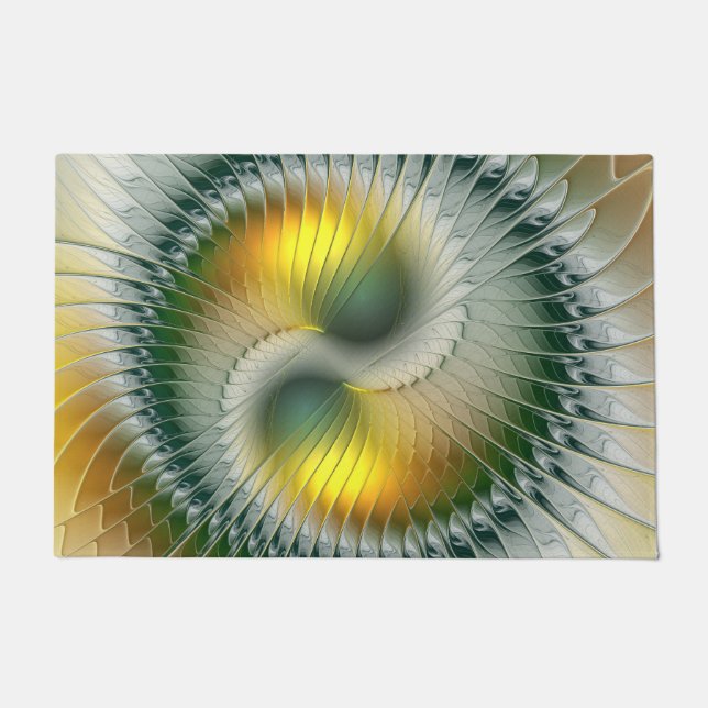 Yin Yang Green Yellow Abstract Colorful Fractal Doormat (Front)