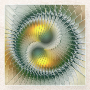 Yin Yang Green Yellow Abstract Colorful Fractal Glass Coaster