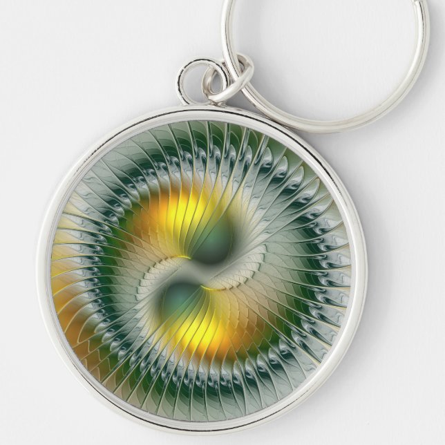 Yin Yang Green Yellow Abstract Colorful Fractal Keychain (Front)