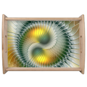 Yin Yang Green Yellow Abstract Colorful Fractal Serving Tray