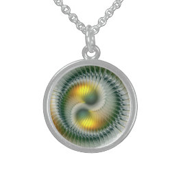 Yin Yang Green Yellow Abstract Colorful Fractal Sterling Silver Necklace