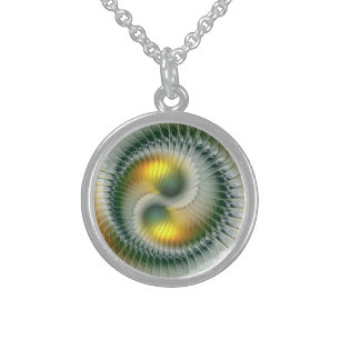 Yin Yang Green Yellow Abstract Colorful Fractal Sterling Silver Necklace