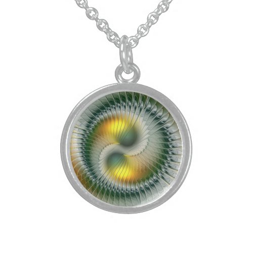 Yin Yang Green Yellow Abstract Colorful Fractal Sterling Silver Necklace