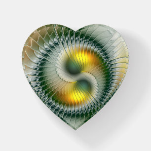 Yin Yang Green Yellow Abstract Fractal Art Heart Paperweight