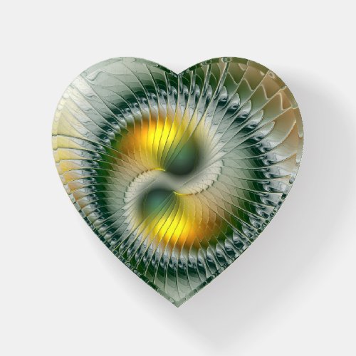 Yin Yang Green Yellow Abstract Fractal Art Heart Paperweight