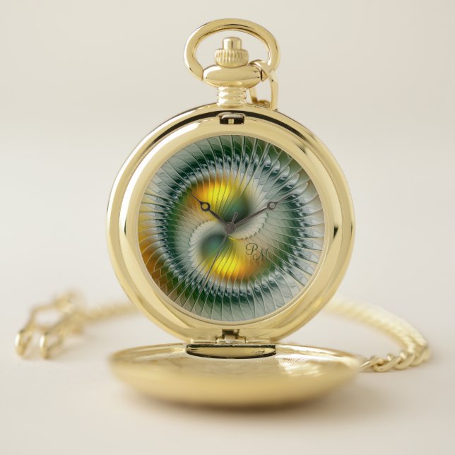 Yin Yang Green Yellow Abstract Fractal, Monogram Pocket Watch (Inside)