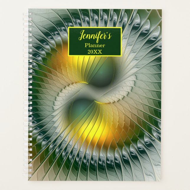 Yin Yang Green Yellow Abstract Fractal Own Name Planner (Front)