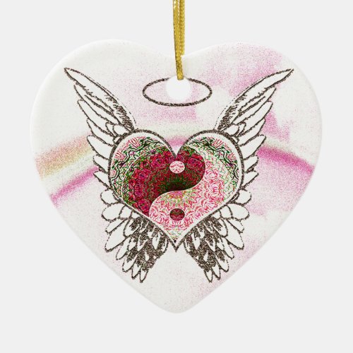 Yin Yang Heart Angel Wings Watercolor Ceramic Ornament