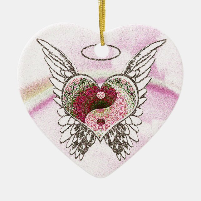 Yin Yang Heart Angel Wings Watercolor Ceramic Ornament (Front)