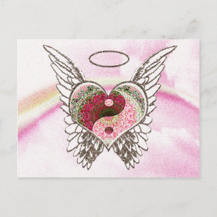 Yin Yang Heart Angel Wings Watercolor Postcard