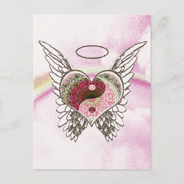 Yin Yang Heart Angel Wings Watercolor Postcard (Front)