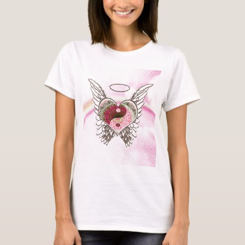 Yin Yang Heart Angel Wings Watercolor T_Shirt