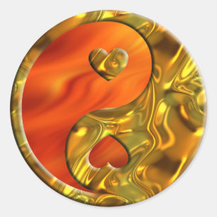 Yin & Yang / Hearts gold   fire red Classic Round Sticker