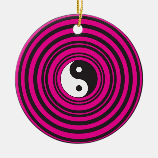 Yin Yang Hot Pink Black Concentric Circles Ceramic Ornament (Front)