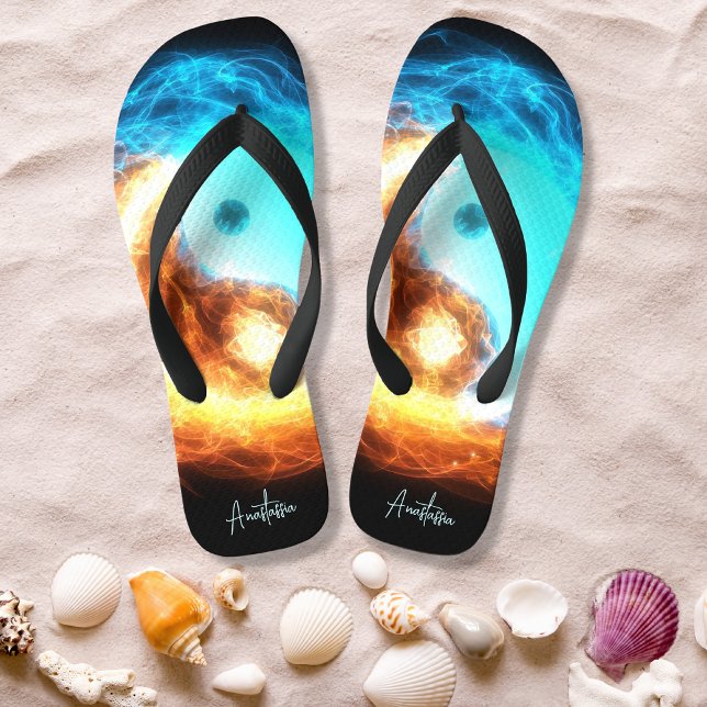 Yin Yang Ice and Fire sacred symbol with your name Flip Flops (Creator Uploaded)
