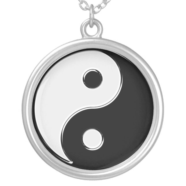 Yin Yang in Black and White Silver Plated Necklace (Front)