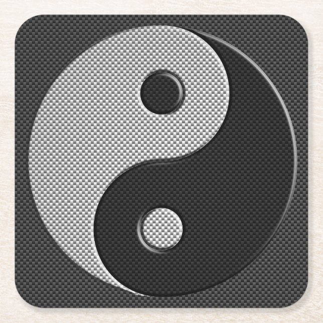 Yin Yang in Carbon Fiber Print Style Square Paper Coaster (Front)