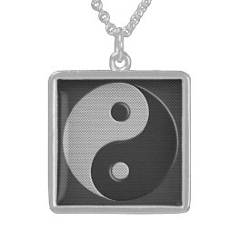 Yin Yang in Carbon Fiber Print Style Sterling Silver Necklace
