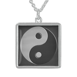 Yin Yang in Carbon Fiber Print Style Sterling Silver Necklace