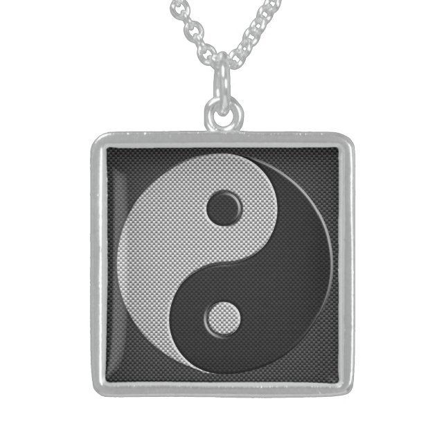 Yin Yang in Carbon Fiber Print Style Sterling Silver Necklace (Front)