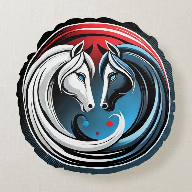 Yin-Yang Inspired Abstract Horse Design Round Pillow (Front)