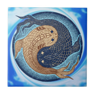Yin Yang Koi Fish Mandala Ceramic Tile