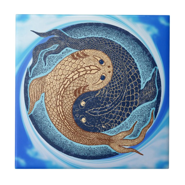 Yin Yang Koi Fish Mandala Ceramic Tile (Front)