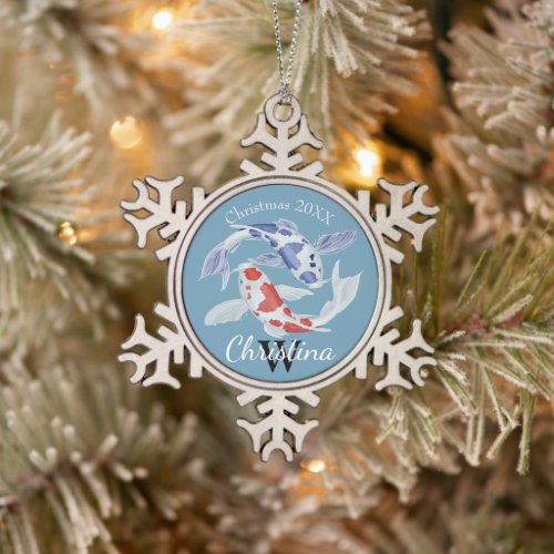 Yin Yang Koi fish  Snowflake Pewter Christmas Ornament