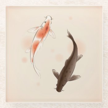 Yin Yang Koi Fishes In Oriental Style Painting Glass Coaster by watercoloring at Zazzle