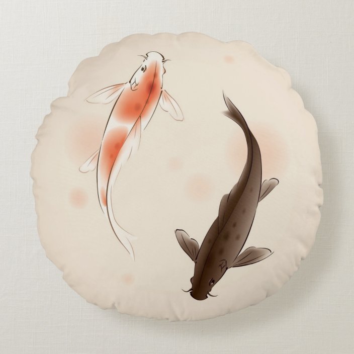 Yin Yang Koi Fishes In Oriental Style Painting Round Pillow