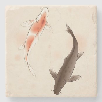 Yin Yang Koi Fishes In Oriental Style Painting Stone Coaster by watercoloring at Zazzle