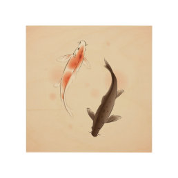 Yin Yang Koi fishes in oriental style painting Wood Wall Art