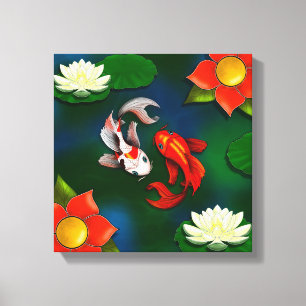 Yin Yang Koi Red Flower White Lotus Lily Pad Pond Canvas Print