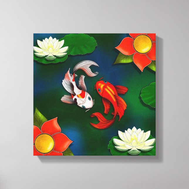 Yin Yang Koi Red Flower White Lotus Lily Pad Pond Canvas Print (Front)