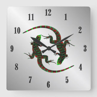 Yin Yang Lizards Silver Black Numbers Square Wall Clock