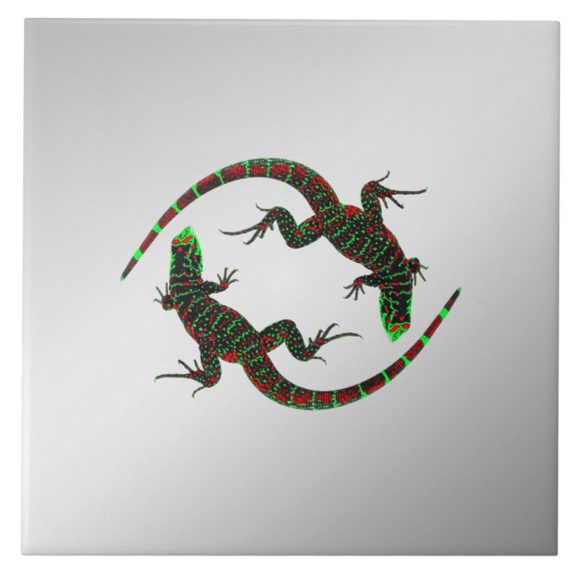 Yin Yang Lizards Silver Ceramic Tile (Front)
