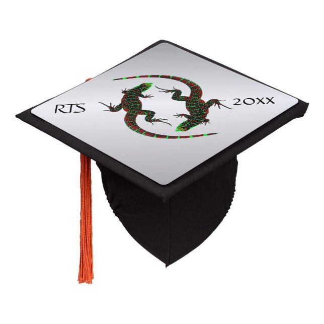 Yin Yang Lizards Silver Monogram and Date Graduation Cap Topper (Angled)