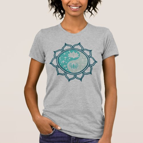 Yin Yang Lotus Flower Mandala Illustration in Blue T_Shirt
