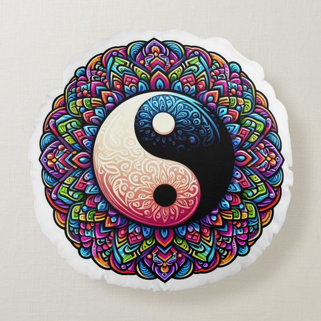 Yin Yang Mandala design Round Pillow (Front)