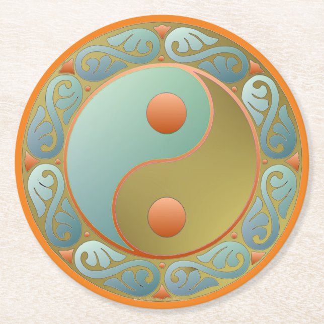 Yin Yang Medallion Gold Turquoise Round Paper Coaster (Front)