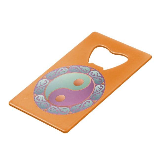 Yin Yang Medallion Violet Turquoise Credit Card Bottle Opener (Front Angled)