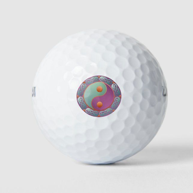 Yin Yang Medallion Violet Turquoise Golf Balls (Front)