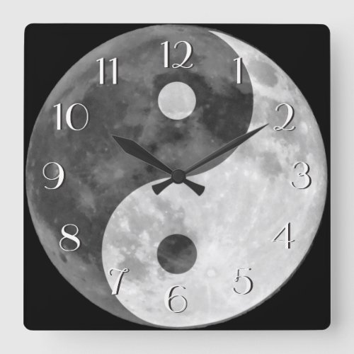 Yin Yang Moon Elegant Numbers Black and White Square Wall Clock