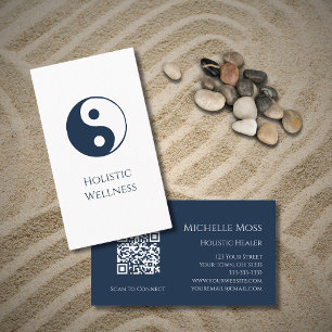 Yin Yang Navy Blue Holistic Wellness QR code  Business Card